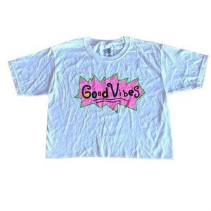 BY PRODUCT GOOD VIBES WOMENS WHITE CROP TOP TSHIRT SZ:XS NWOT